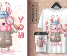 Rabbit illustration and merchandising mockup print t-shirt vector
