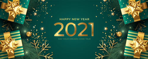 Realistic happy new year banner with green golden gifts vector