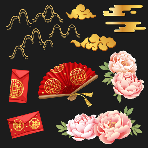 Red envelope and fan new year element vector