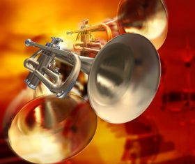 Red musical background with piano drums and trumpet vector