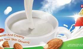 Smooth and creamy almond milk advertising vector