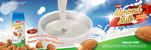 Smooth and creamy almond milk advertising vector