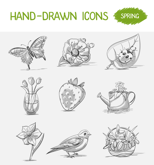 Spring hand drawn icons vector