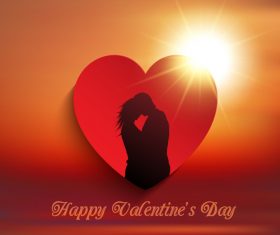 Valentines day heart and couple silhouette background vector