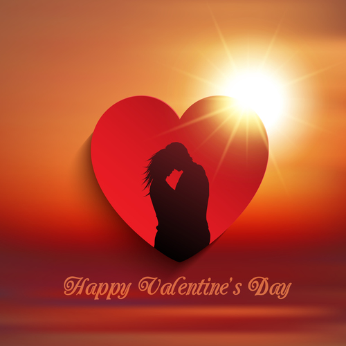 Valentines day heart and couple silhouette background vector
