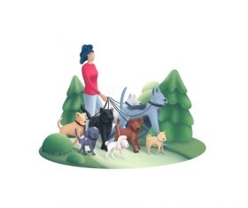 Woman walking dog cartoon vector