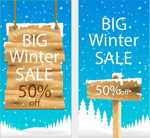 Wooden sign winter sales banner template vector