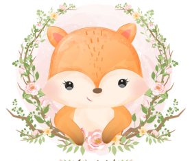 Animals in flower frame watercolor illustration vector