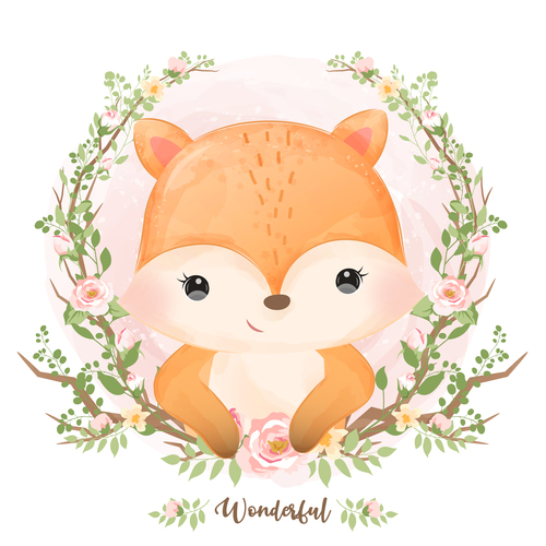 Animals in flower frame watercolor illustration vector
