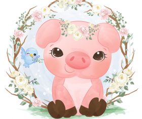 Baby pig in flower frame vector