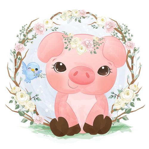 Baby pig in flower frame vector