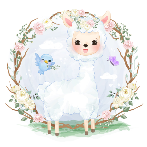 Baby sheep in flower frame vector