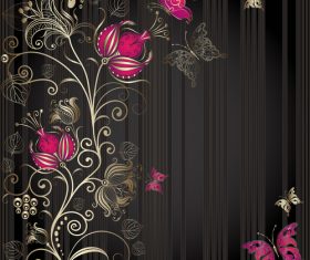 Black background flowers pattern vector