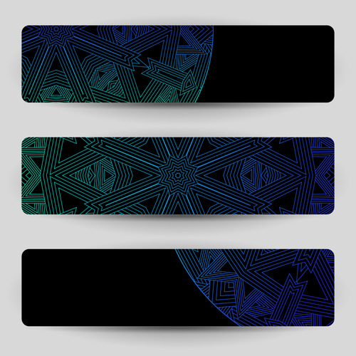 Black banners with blue geometric decoration vector