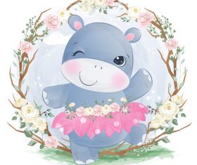 Cute animal in flower frame watercolor illustration vector