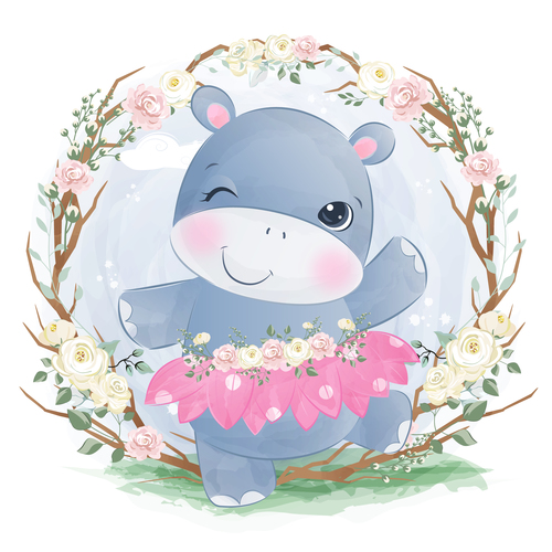 Cute animal in flower frame watercolor illustration vector