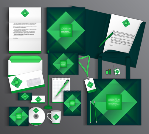 Dark green cover corporate identity stationery collection vector