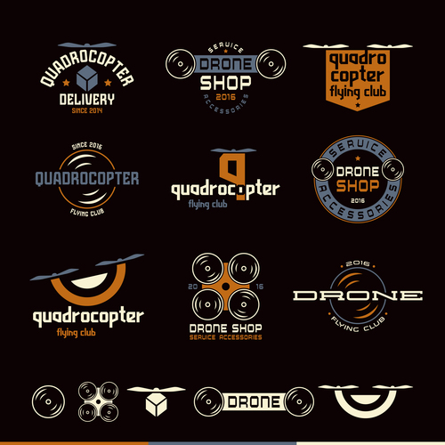 Drone or quadrocopter set of vector badges