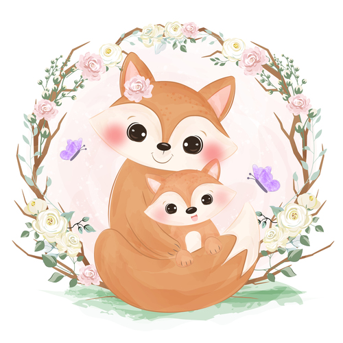 Fox mother and baby in flower frame vector