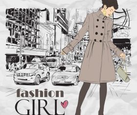 Girl in a trench coat hand drawn vector