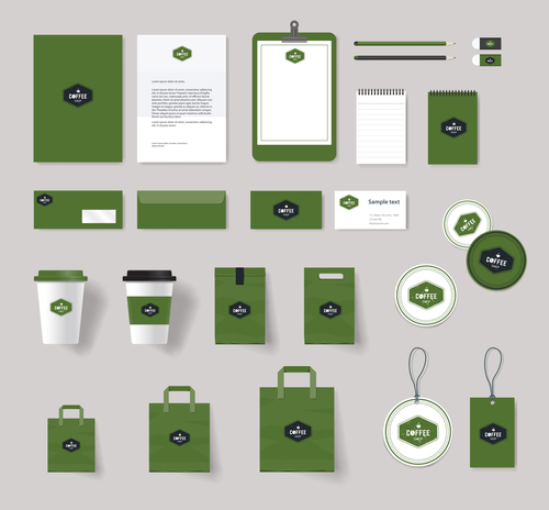 Green coffee shop brand set design vector