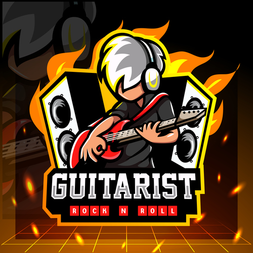 Guitarist rock n roll game emblem design