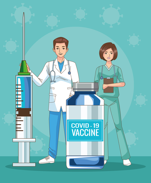 Medical staff and vaccine cartoon illustration vector free download