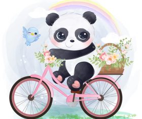 Panda riding a bicycle watercolor illustration vector