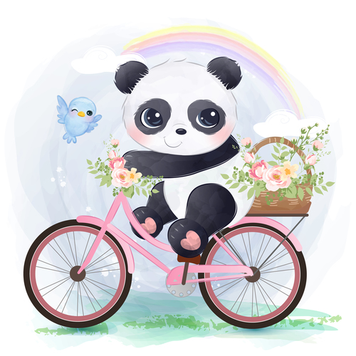 Panda riding a bicycle watercolor illustration vector