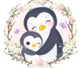 Penguin mother and baby in flower frame vector