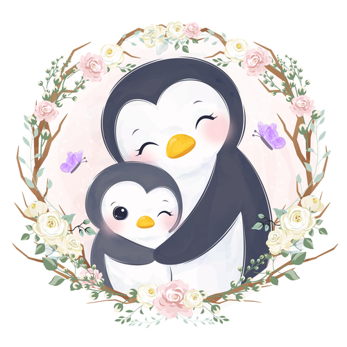 Penguin mother and baby in flower frame vector