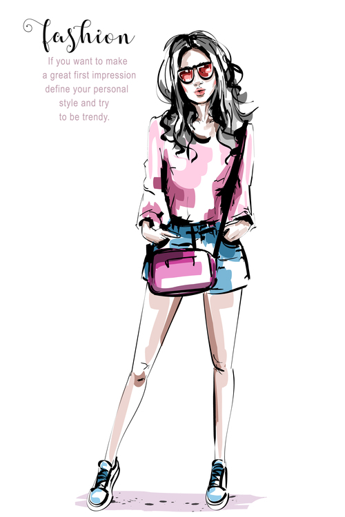 Personality fashion girl watercolor illustration vector