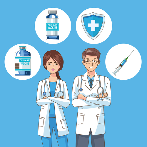Scene in hospital doctors with vaccine illustration vector