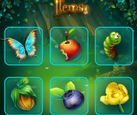 Shadowy forest GUI set items buttons and icon vector