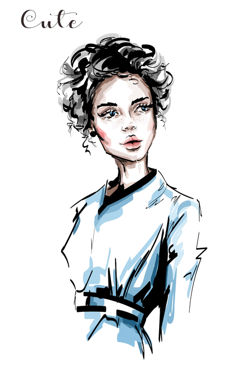 Short hair girl watercolor illustration vector