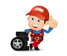 Tire and repairman illustration vector