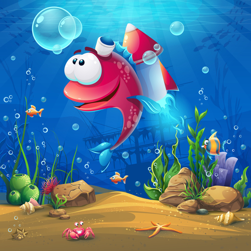 Underwater world with funny fish background vector