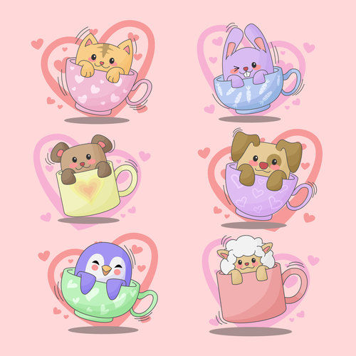 Valentine animal cups vector