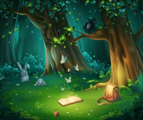 Vector illustration of forest glade with crow book
