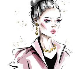 Watercolor illustration vector of woman wearing gold jewelry