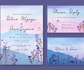 Watercolor invitation with misty purple florals and mountain landscape vector