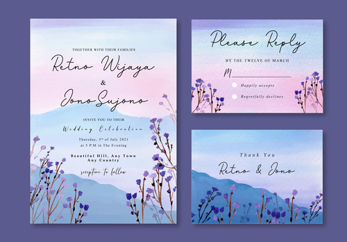 Watercolor invitation with misty purple florals and mountain landscape vector