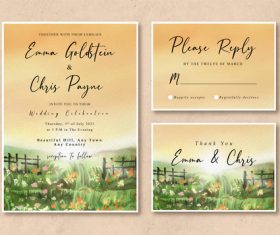 Watercolor wedding invitation card with sunrise in the grass field vector