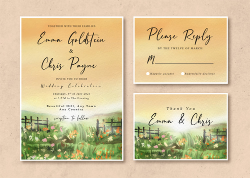 Watercolor wedding invitation card with sunrise in the grass field vector