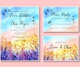 Watercolor wedding invitation card with sunset landscape and birds vector