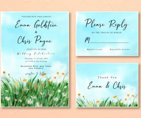 Watercolor wedding invitation card with watercolor daisy grass field landscape vector