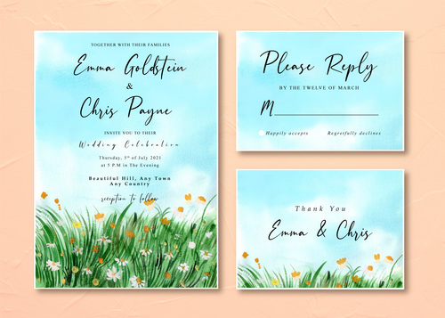 Watercolor wedding invitation card with watercolor daisy grass field landscape vector