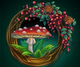 Wreath of vines and leaves with amanita mushroom vector