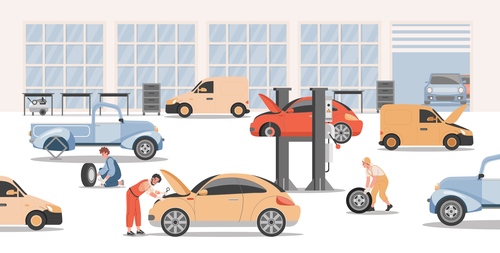 Auto repair shop cartoon illustration vector free download
