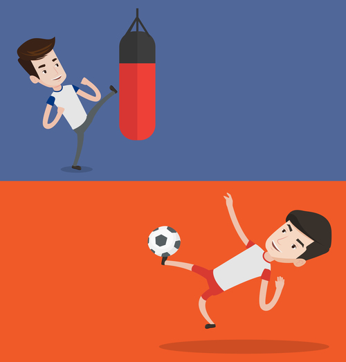 Boxing and playing football cartoon illustration vector